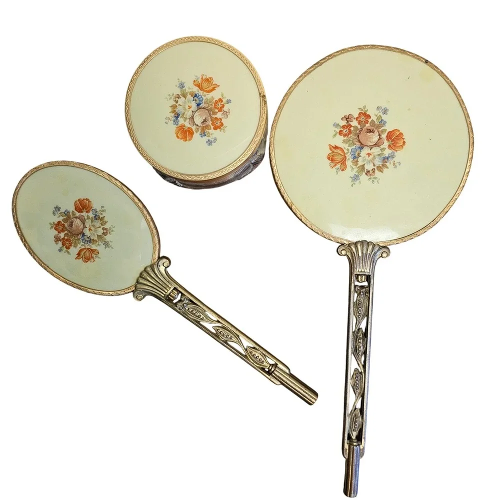 Vintage 3pc Vanity Set Floral Enamel Gold Filigree Mirror Brush Crystal Jar